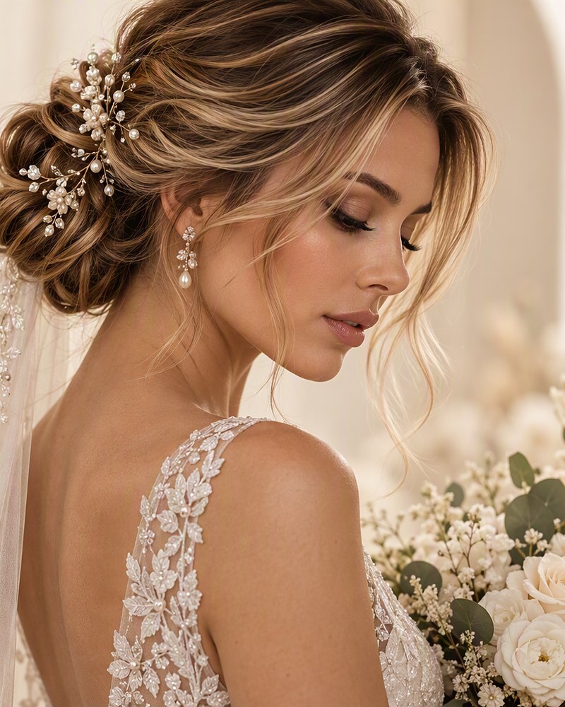 Acconciatura sposa raccolta con accessori di perle